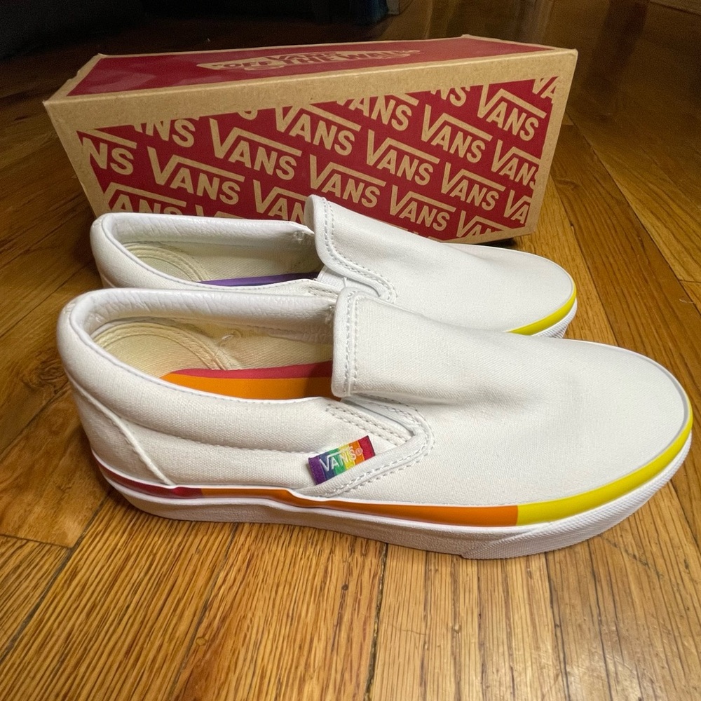 Vans white and rainbow slip on sneakers
